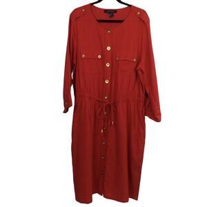 Ashley Stewart Retro Linen Blend Utility Pockets Roll Tab Midi Shirt Dress 18